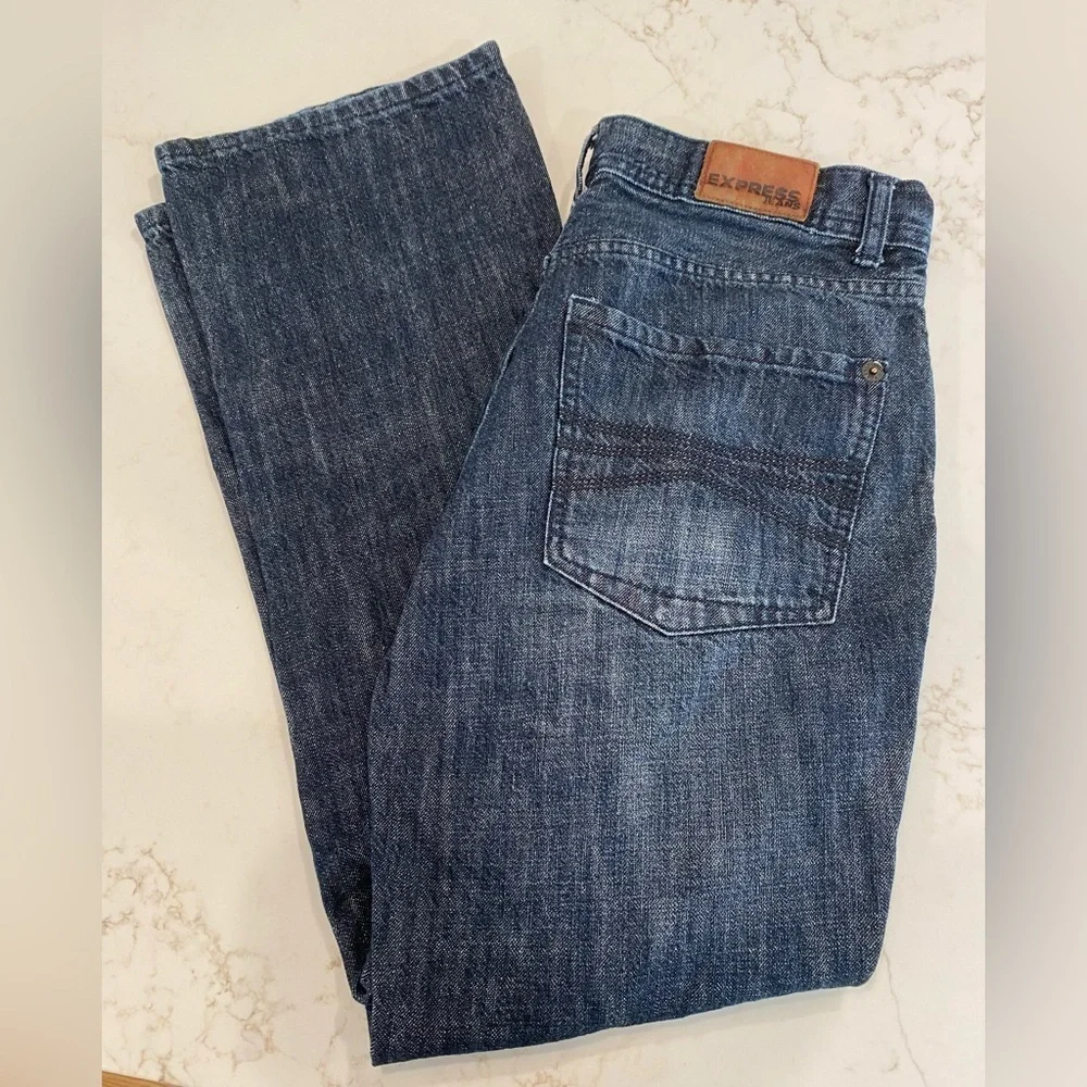 Boot Cut Jeans Dark Wash Linen-Weave Look Straight Leg Express 32W 30L